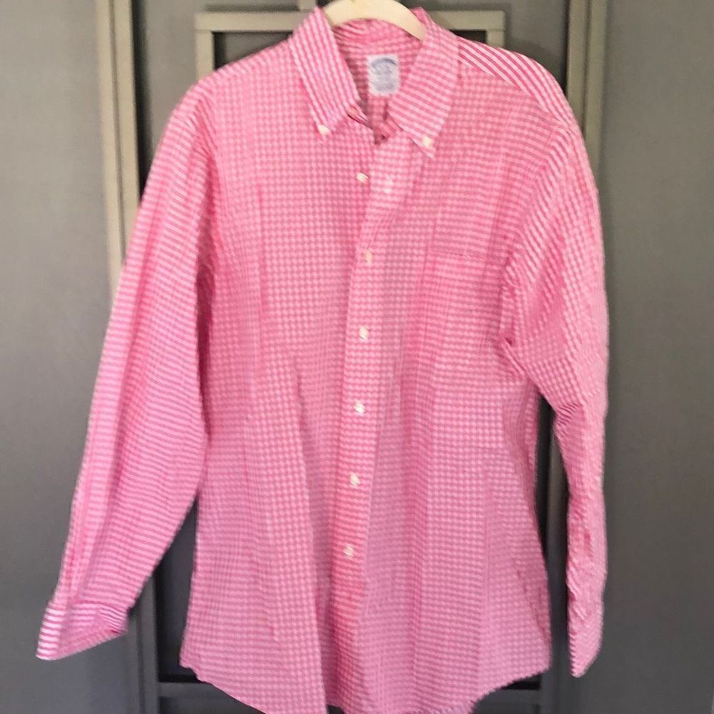 Brooks Brothers Regent, pink and white check button down long sleeve shirt, size